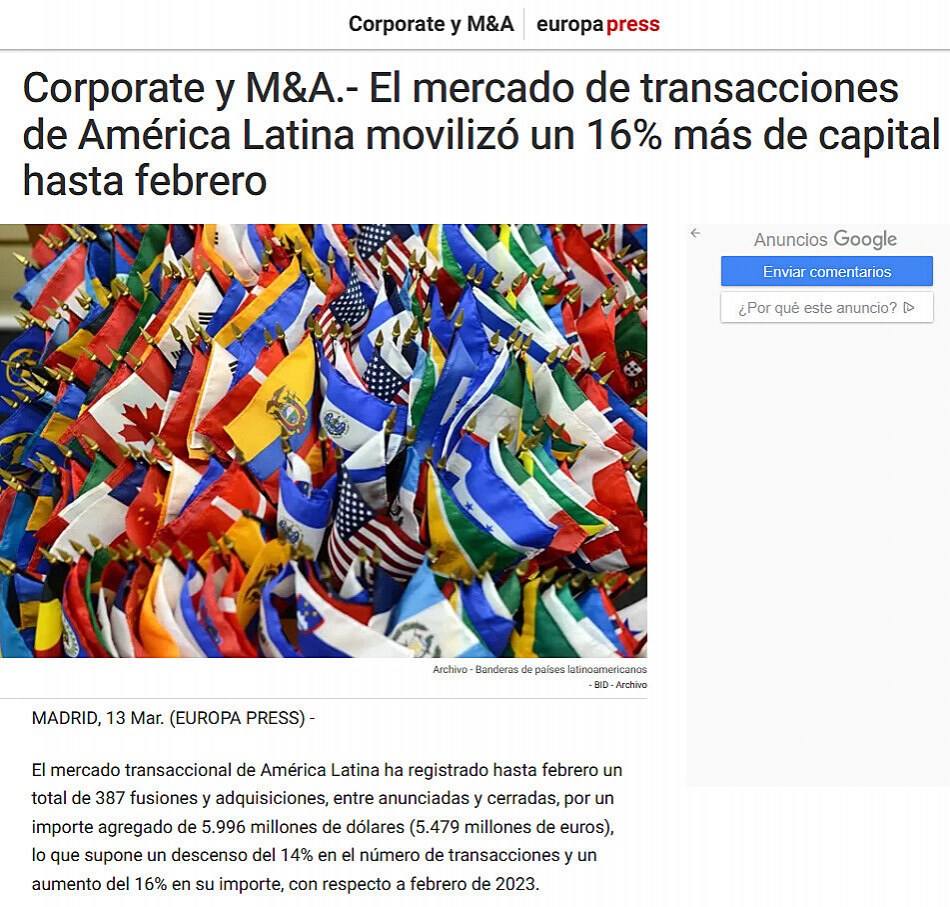 Corporate y M&A.- El mercado de transacciones de Amrica Latina moviliz un 16% ms de capital hasta febrero